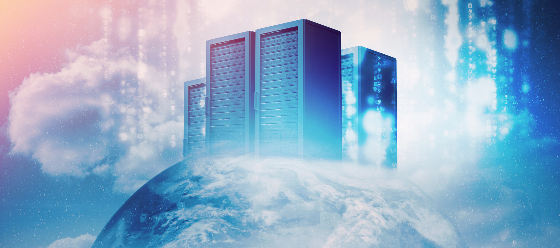 Server racks against sky and cloud